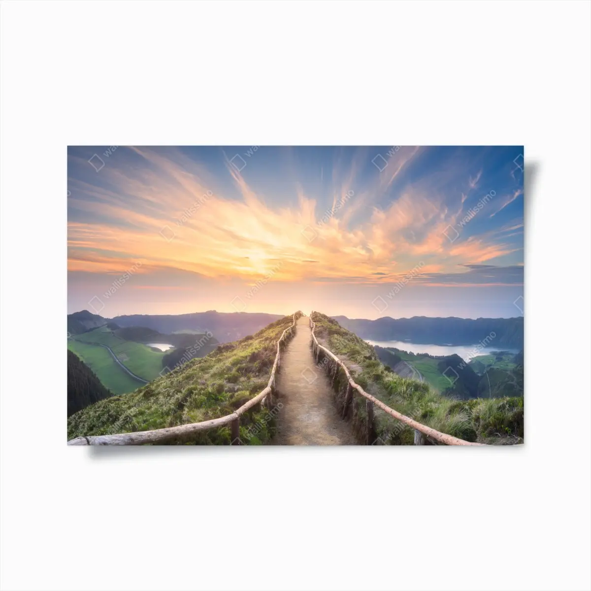 Poster sunset ridge path over serene lake and valley • Wallissimo® Poster sunset ridge path over serene lake and valley • Wallissimo®