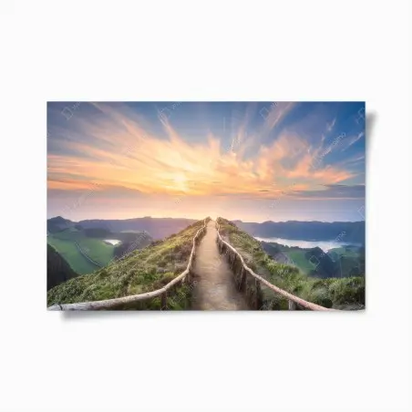 Poster sunset ridge path over serene lake and valley • Wallissimo®
