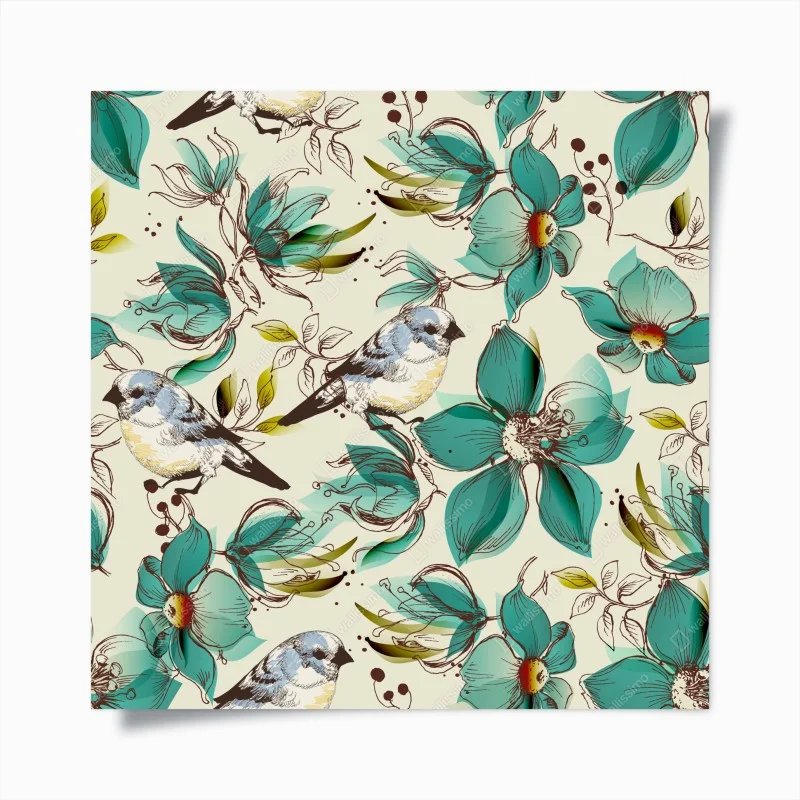 Poster retro teal floral and bird pattern