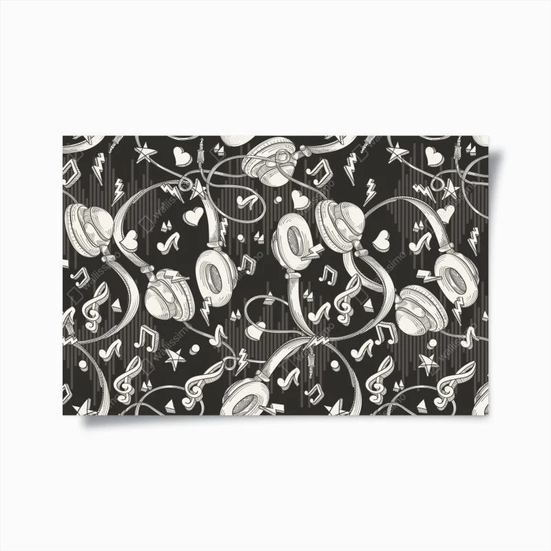 Poster monochrome headphones and music notes pattern