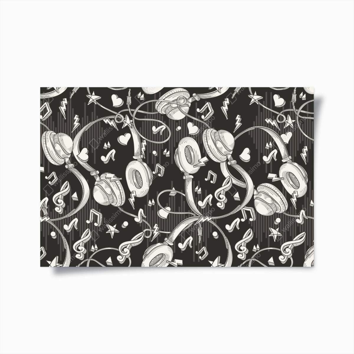 Poster monochrome headphones and music notes pattern • Wallissimo®