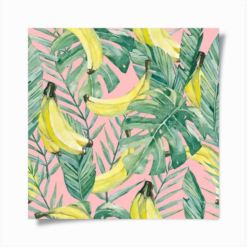 Poster watercolor banana leaves pattern on pink