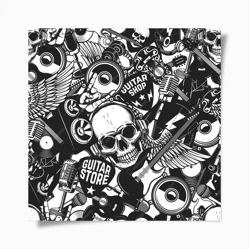 Poster rock and roll skull music collage