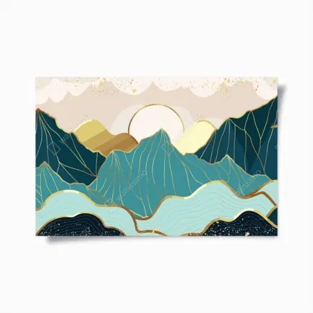 Poster turquoise mountain sunrise with gold accents • Wallissimo®