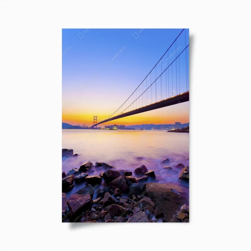Poster golden sunset over suspension bridge