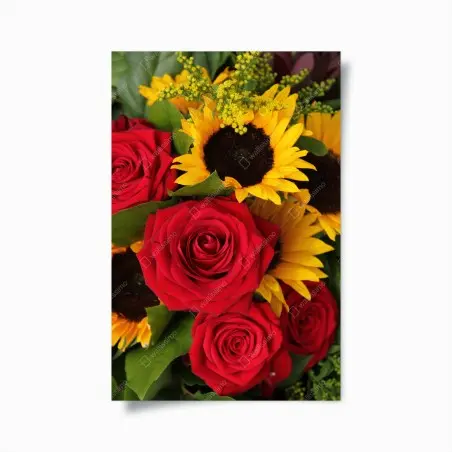 Poster red roses and sunflowers bouquet • Wallissimo®