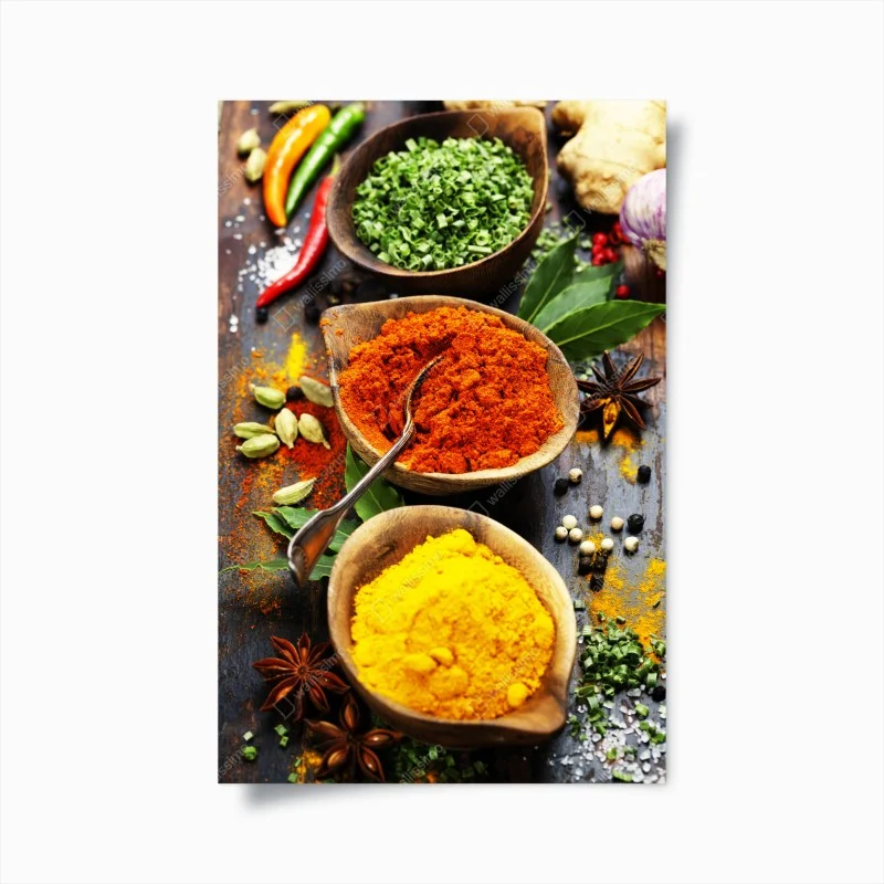 Poster vibrant spices and herbs on wood