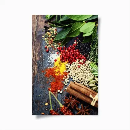 Poster vibrant spice assortment on rustic wood • Wallissimo®