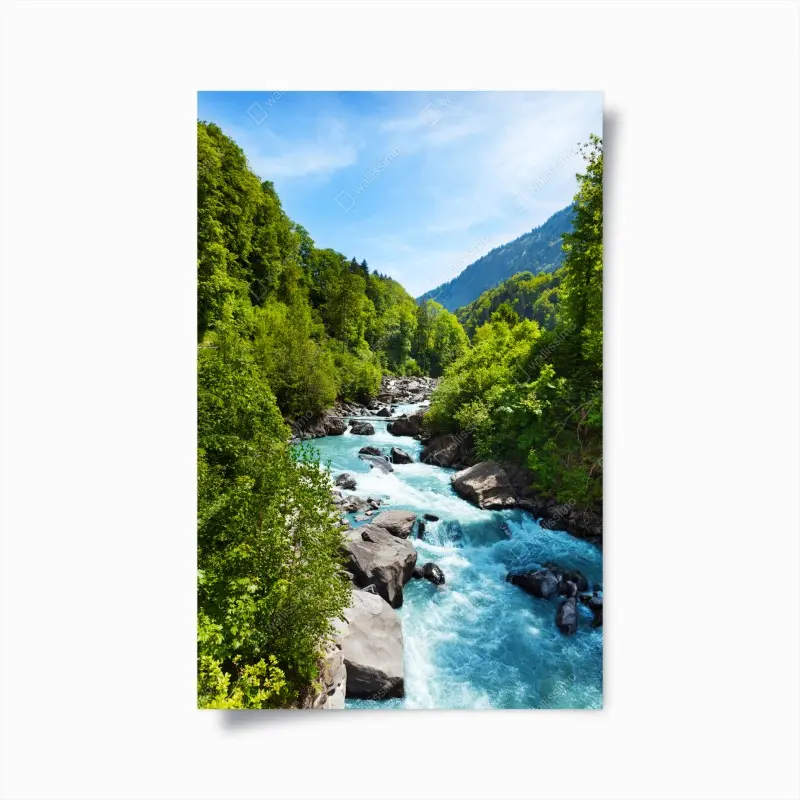 Poster mountain river in lush green valley