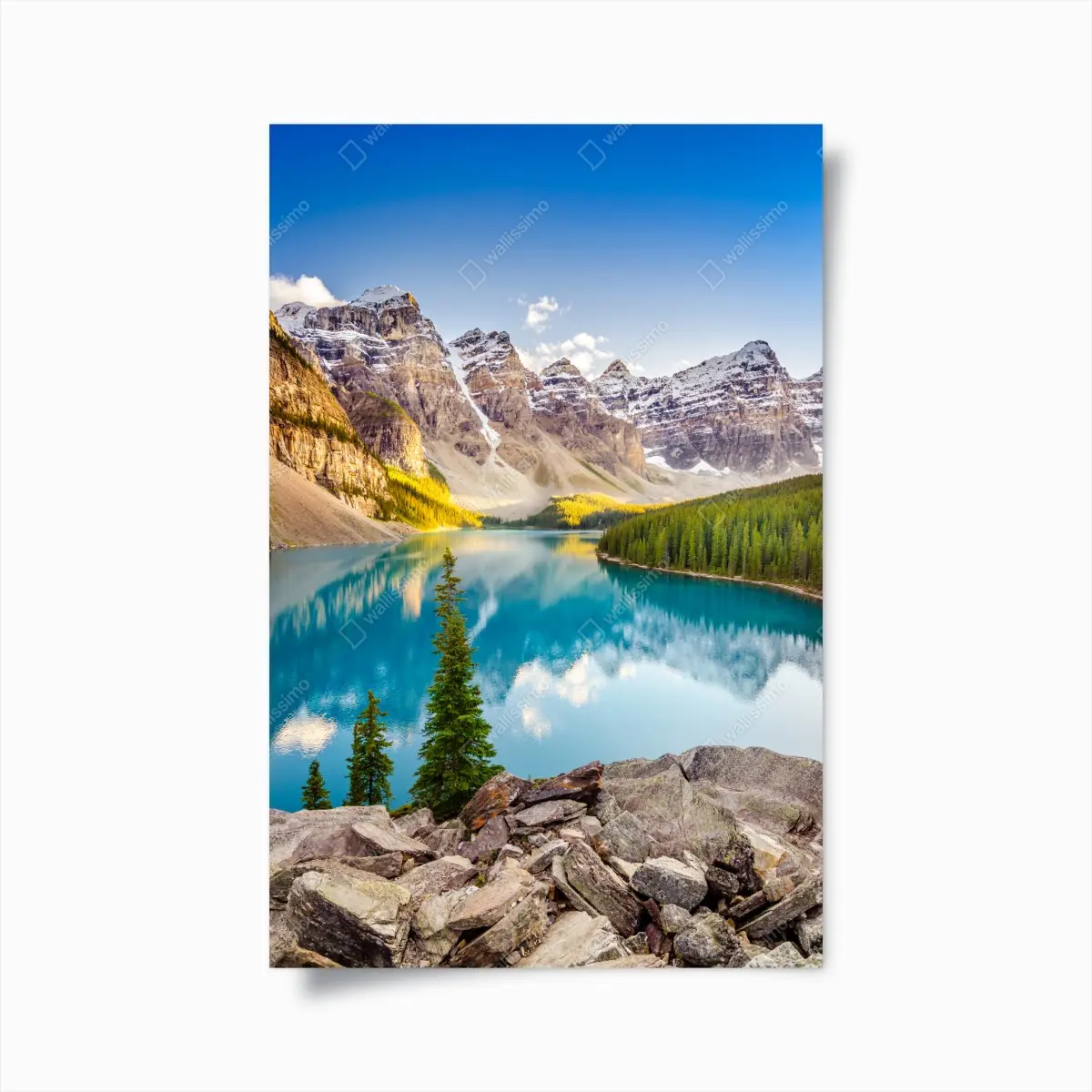 Poster sunlit Moraine Lake mountain panorama • Wallissimo® Poster sunlit Moraine Lake mountain panorama • Wallissimo®