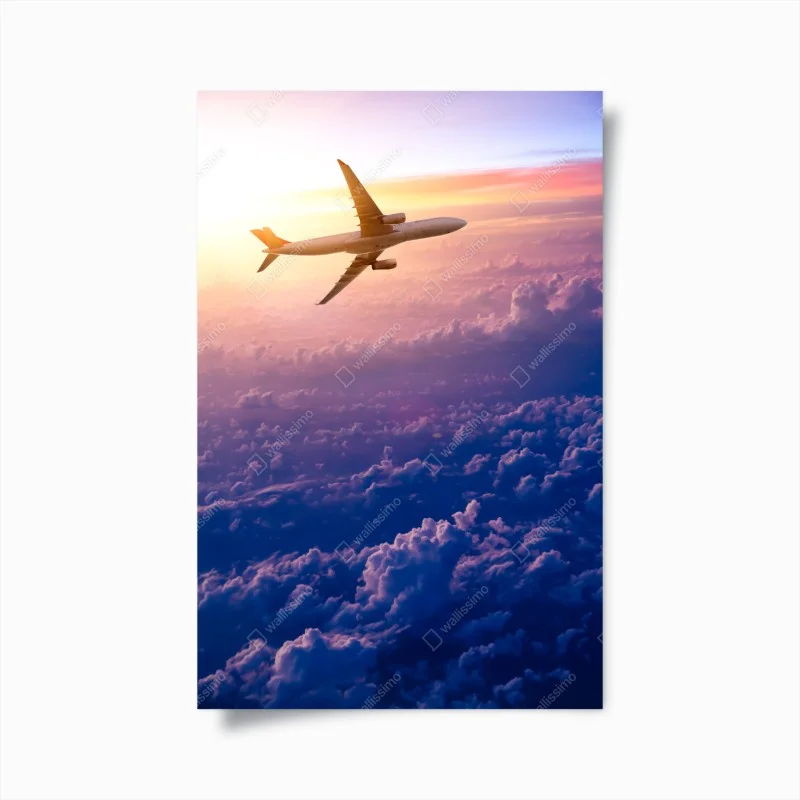 Poster airplane above clouds at sunrise