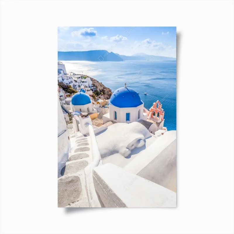 Poster sunlit Santorini blue domes and sea view