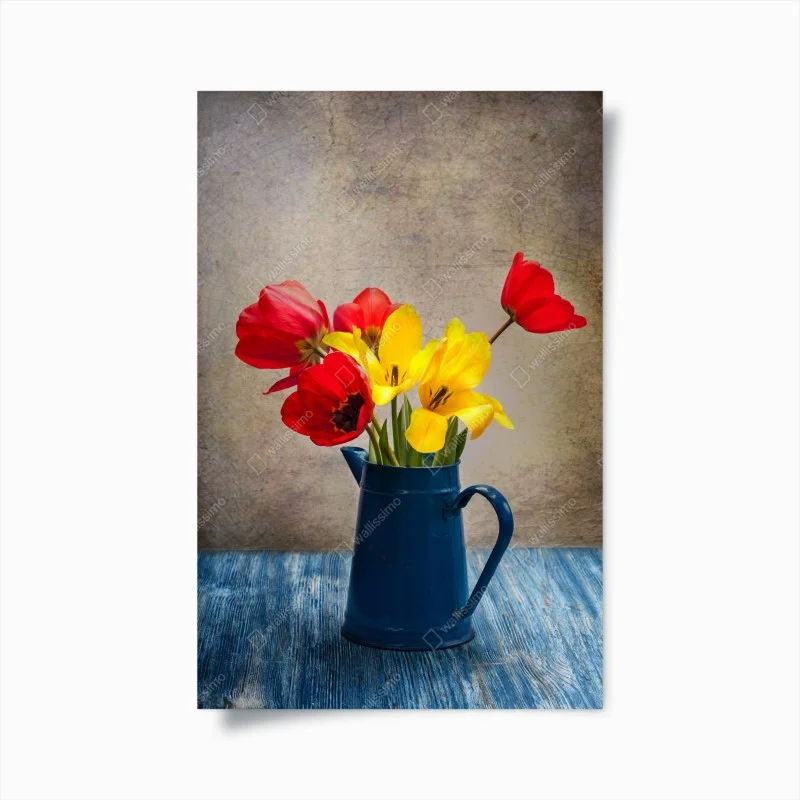 Poster vibrant tulip bouquet in a blue vintage pitcher