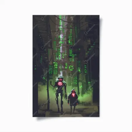 Poster robots in neon alley • Wallissimo®