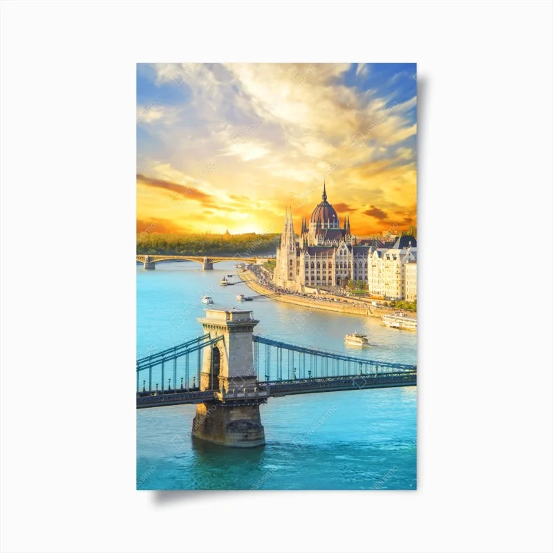 Poster sunset over Budapest skyline with Chain Bridge