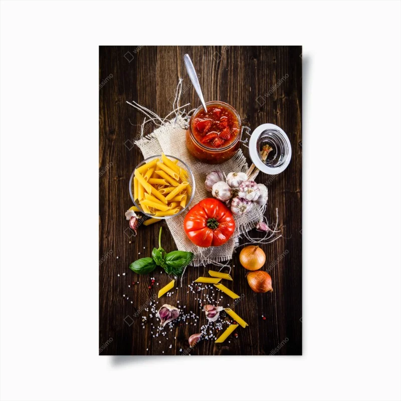 Poster rustic italian pasta ingredients flat lay