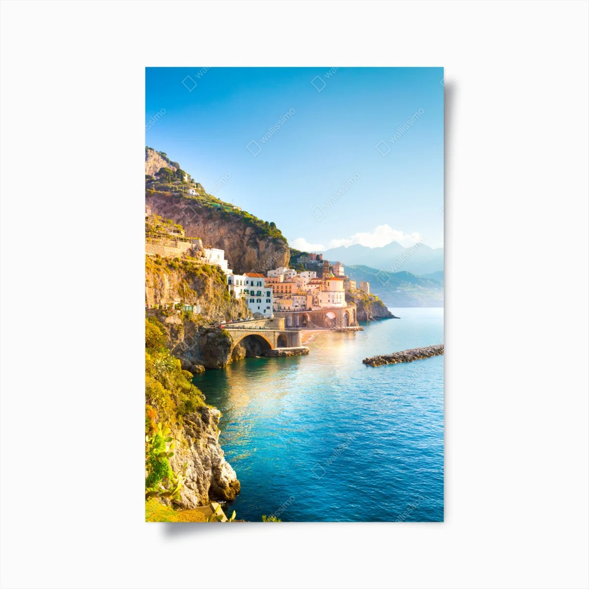 Poster sunlit coastal cliffside village • Wallissimo® Poster sunlit coastal cliffside village • Wallissimo®