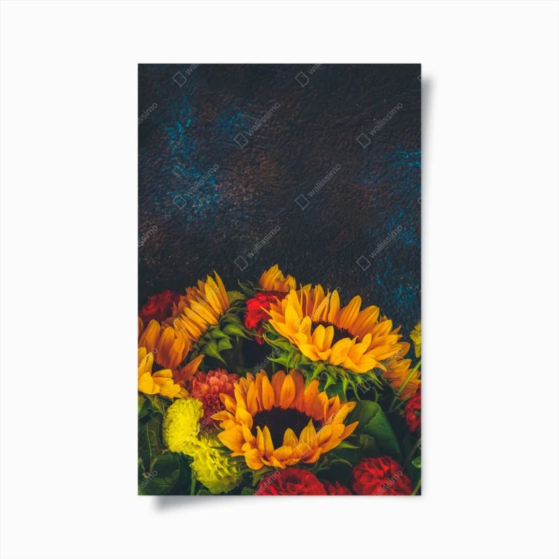 Poster vibrant sunflower bouquet on dark background