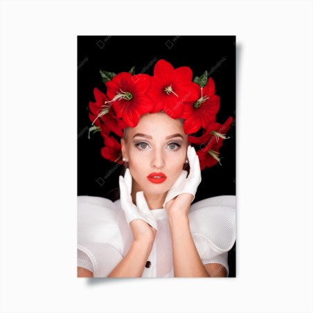Poster elegant portrait with red floral crown • Wallissimo®