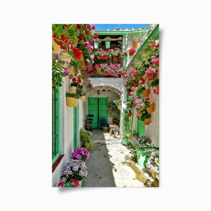 Poster sunny flower-filled courtyard with green doors