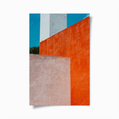 Poster bold geometric facade in orange and turquoise • Wallissimo®