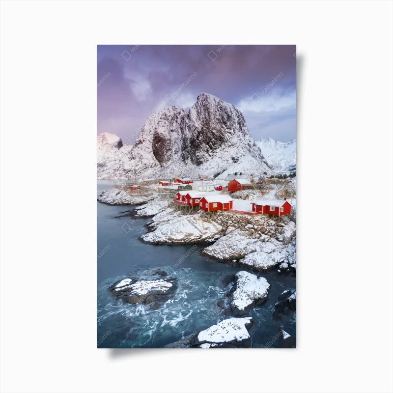 Poster red coastal cabins beneath snowy mountain