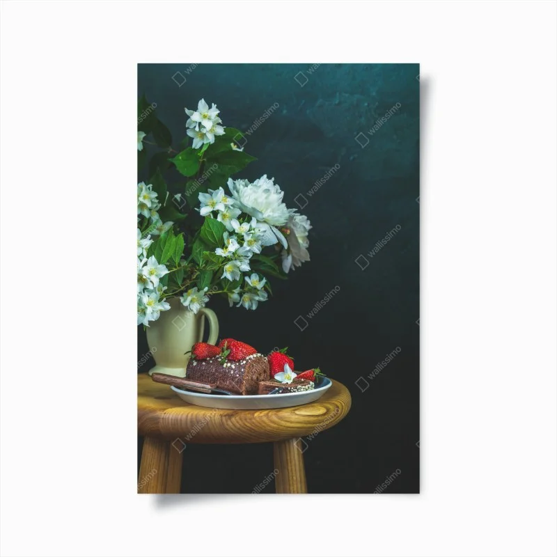 Poster chocolate roll with fresh strawberries and white flowers