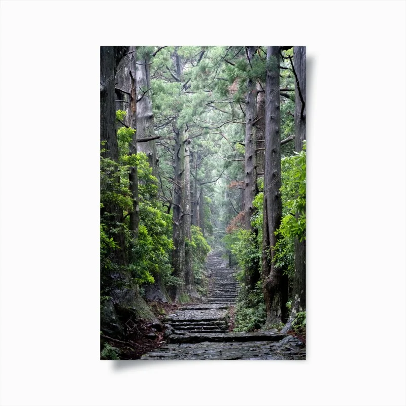 Poster misty forest path through ancient trees