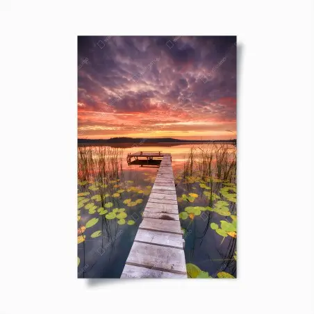 Poster sunrise over a tranquil lake pier • Wallissimo®