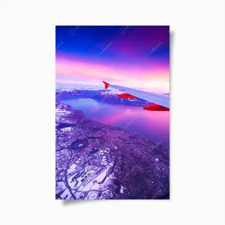 Poster aerial cityscape above lake at sunset • Wallissimo®