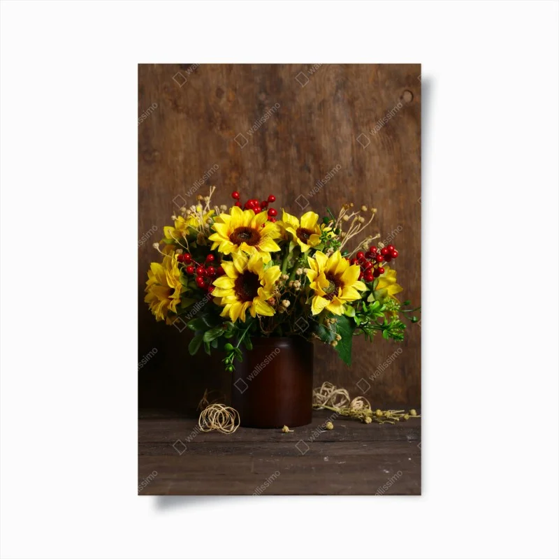 Poster autumn sunflower bouquet on wooden background