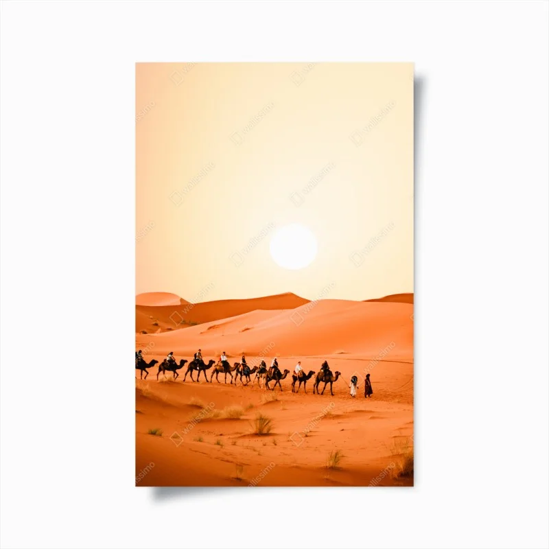 Poster sunset camel caravan over desert dunes