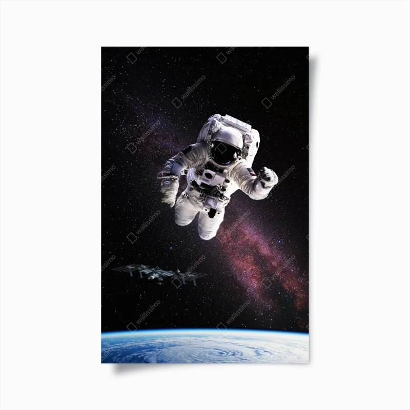 Poster astronaut above Earth and galaxy