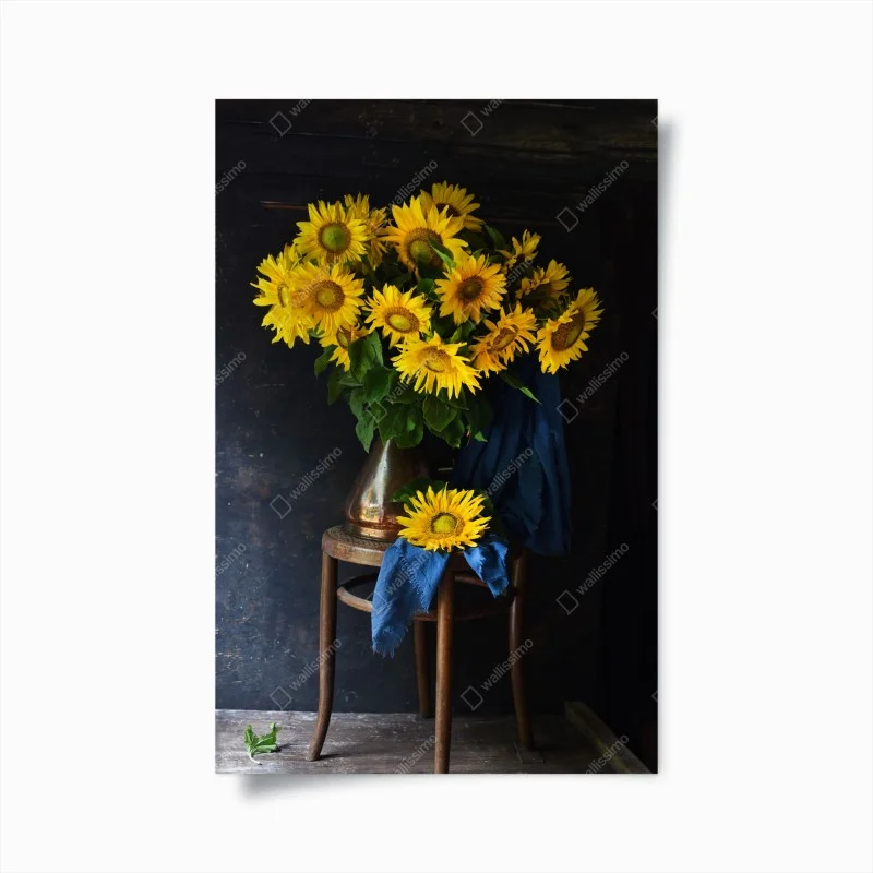 Poster vibrant sunflower bouquet on vintage stool
