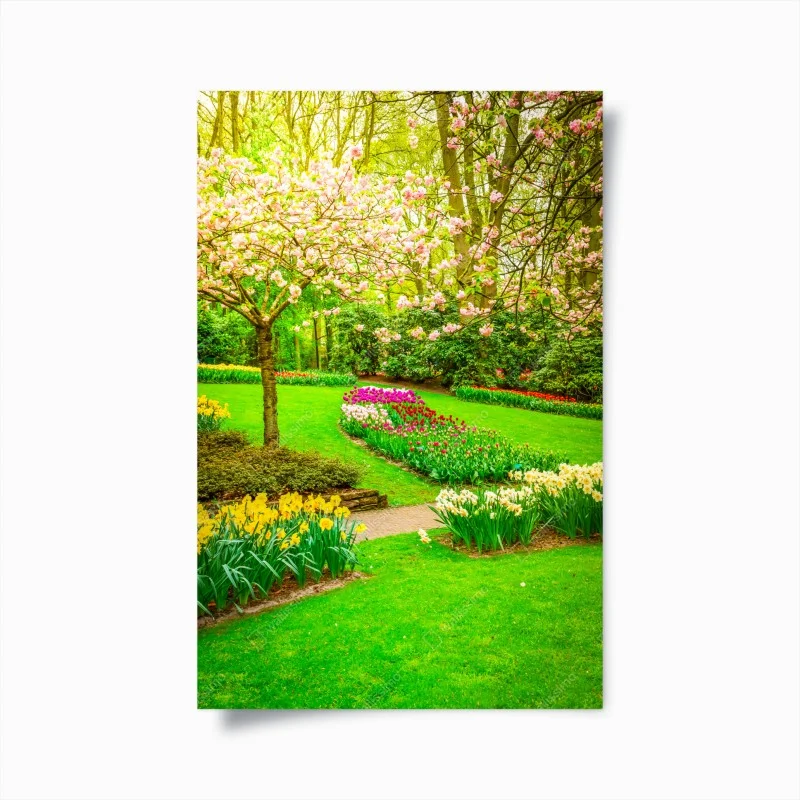 Poster spring garden bloom: tulips and cherry blossoms