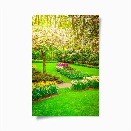 Poster spring garden bloom: tulips and cherry blossoms • Wallissimo®