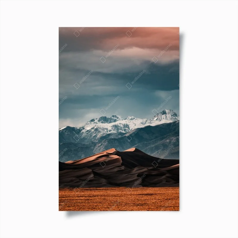 Poster desert dunes beneath snowy peaks