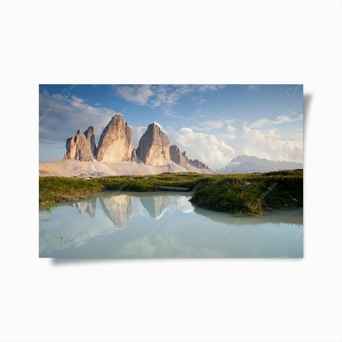 Poster sunlit alpine peaks reflected in a tranquil lake • Wallissimo® Poster sunlit alpine peaks reflected in a tranquil lake • Wallissimo®