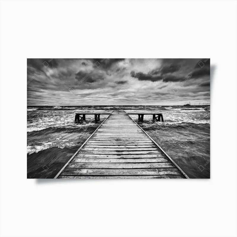 Poster dramatic monochrome pier leading to stormy sea