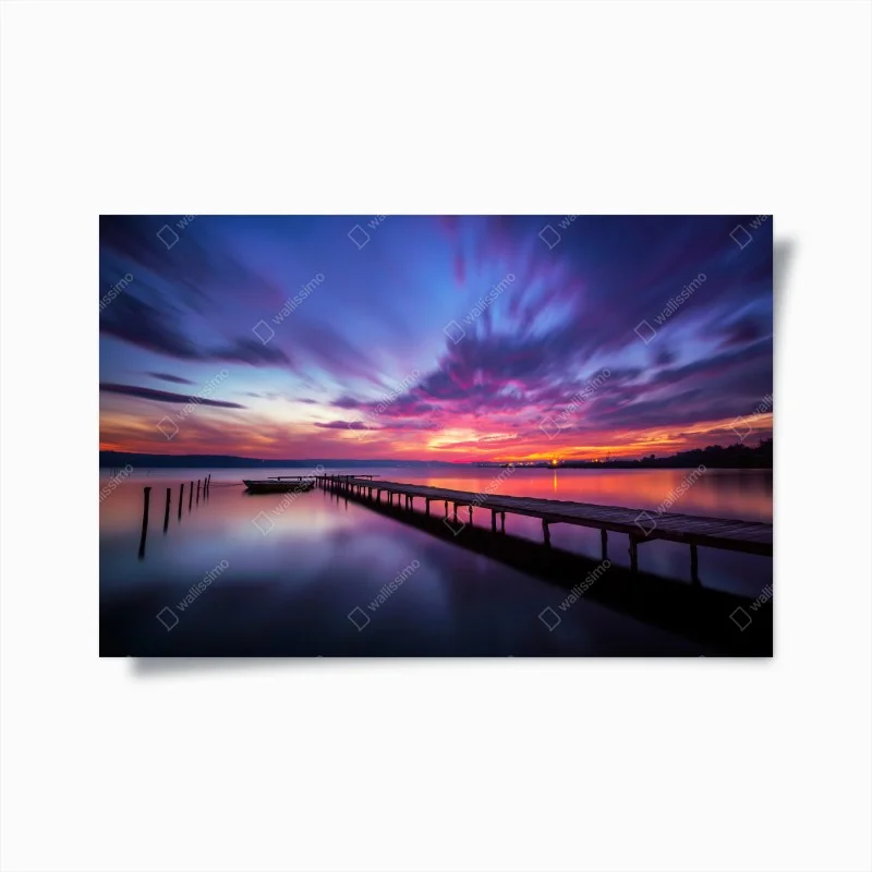Poster sunset over tranquil lake with wooden pier