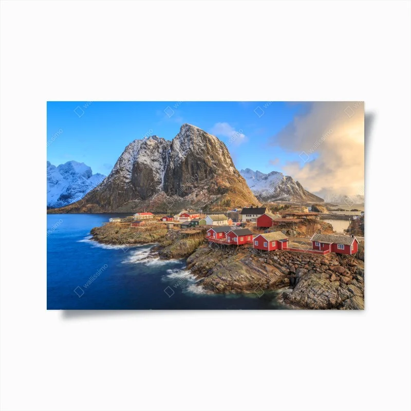 Poster coastal village in Norway with red fishing cabins