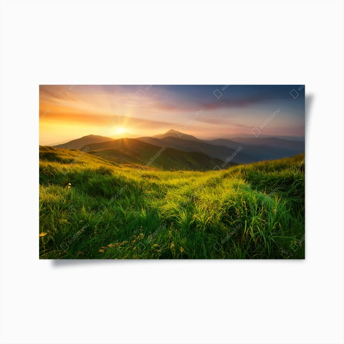 Poster sunrise over emerald mountain valley • Wallissimo® Poster sunrise over emerald mountain valley • Wallissimo®