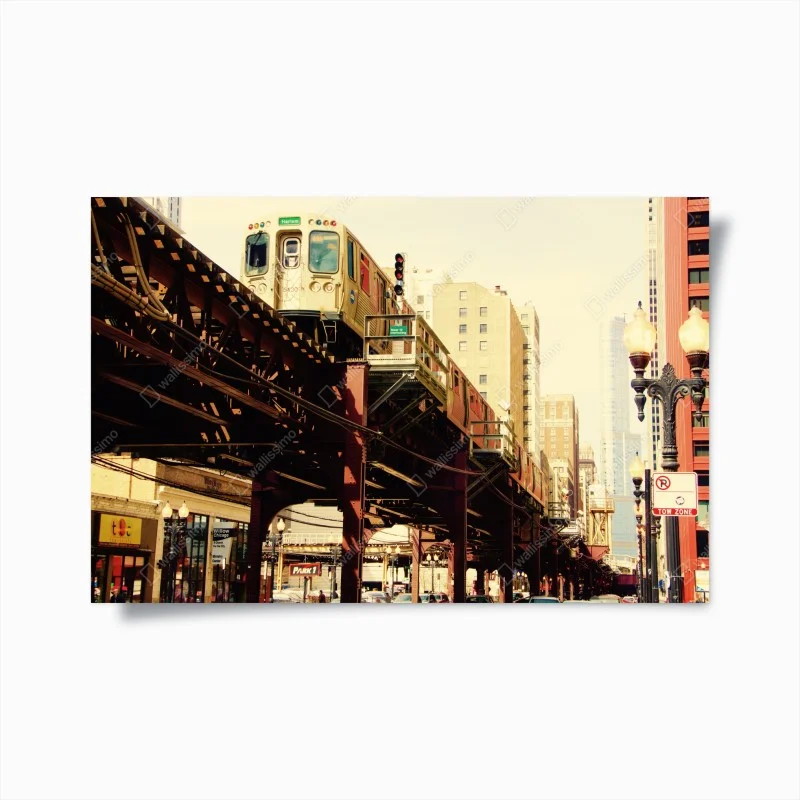 Poster vintage elevated train over city street