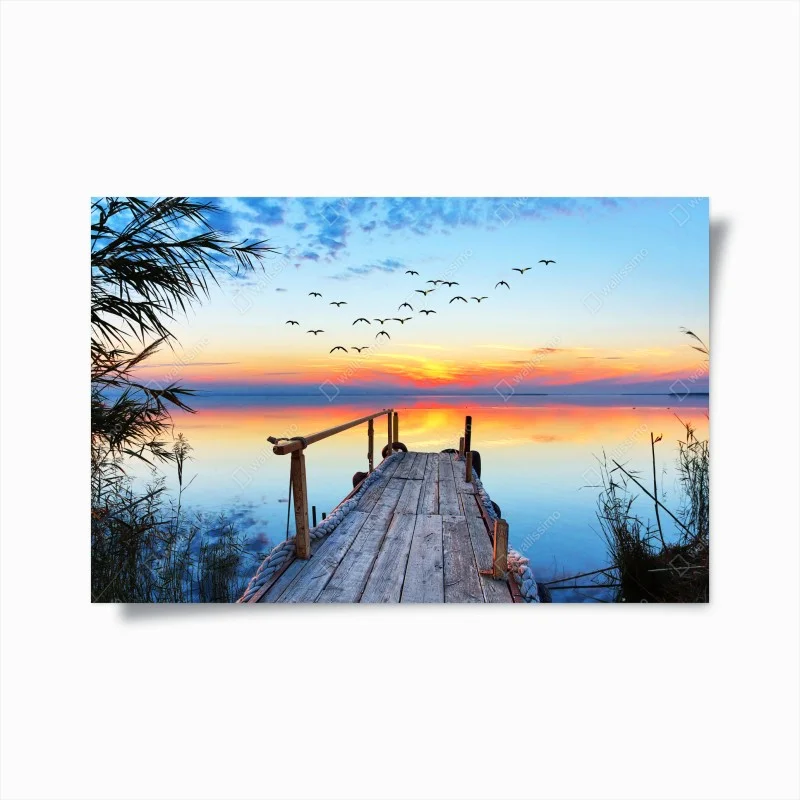 Poster sunset pier over tranquil lake