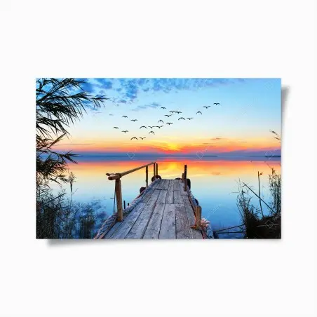 Poster sunset pier over tranquil lake • Wallissimo®