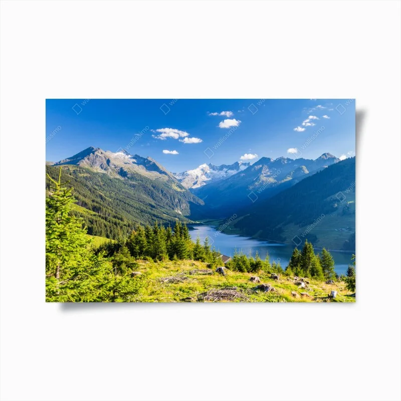 Poster serene alpine lake valley