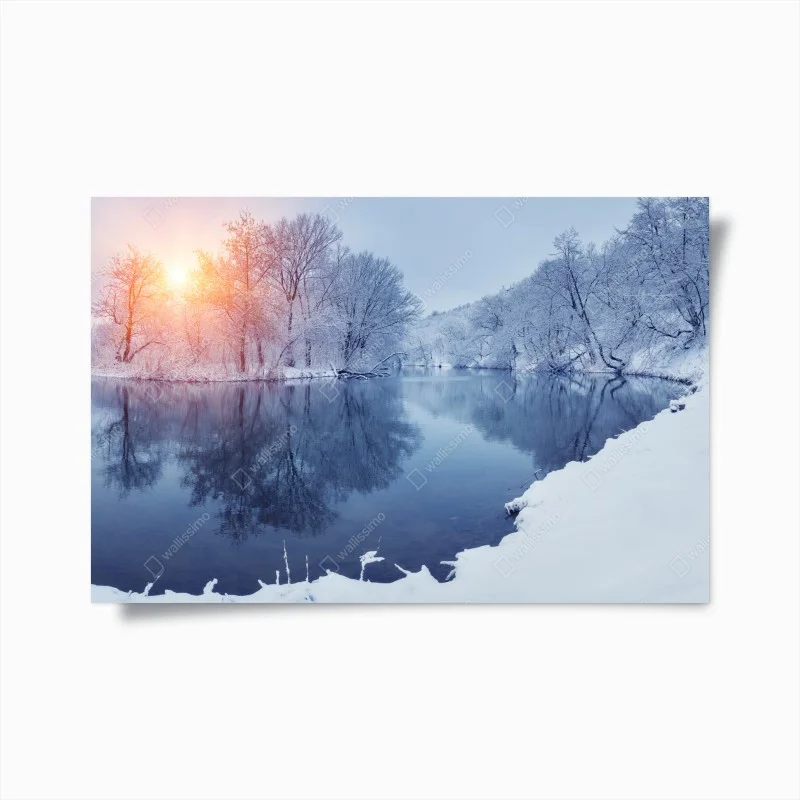 Poster serene winter river at sunset