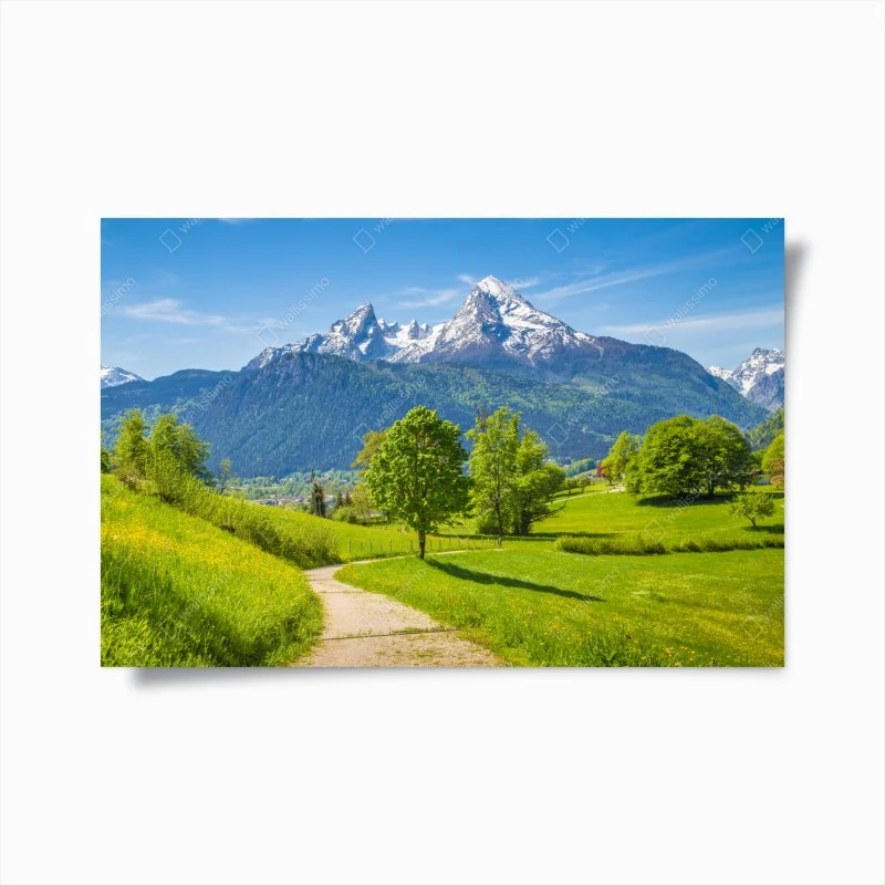 Poster serene alpine meadow with mountain peaks