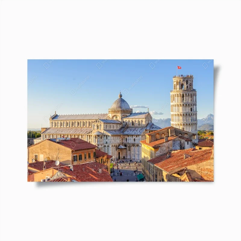 Poster sunlit view of Pisa cathedral and the leaning tower