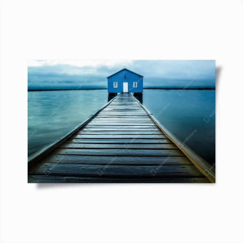 Poster blue boathouse at the end of the pier